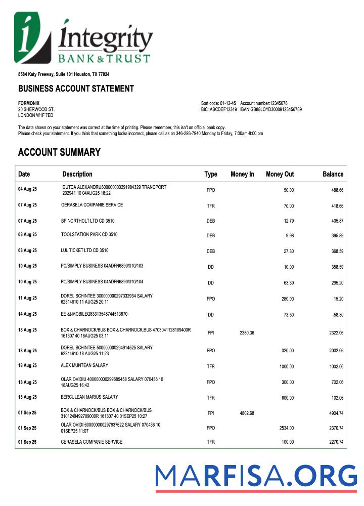 Realistic USA Integrity firm account statement Word and PDF template